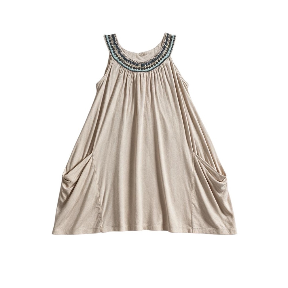 Unbranded Mini Dress Women Size M Tan Beige Excellent Embellished Boho Pockets